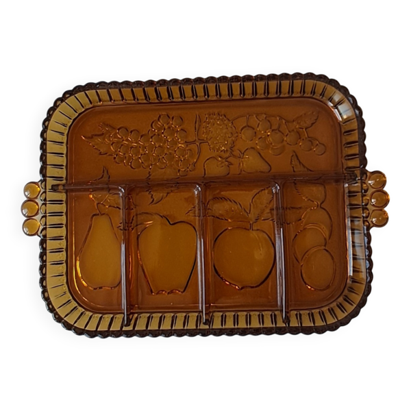 Plateau à compartiments. Verre ambré.  Années 70