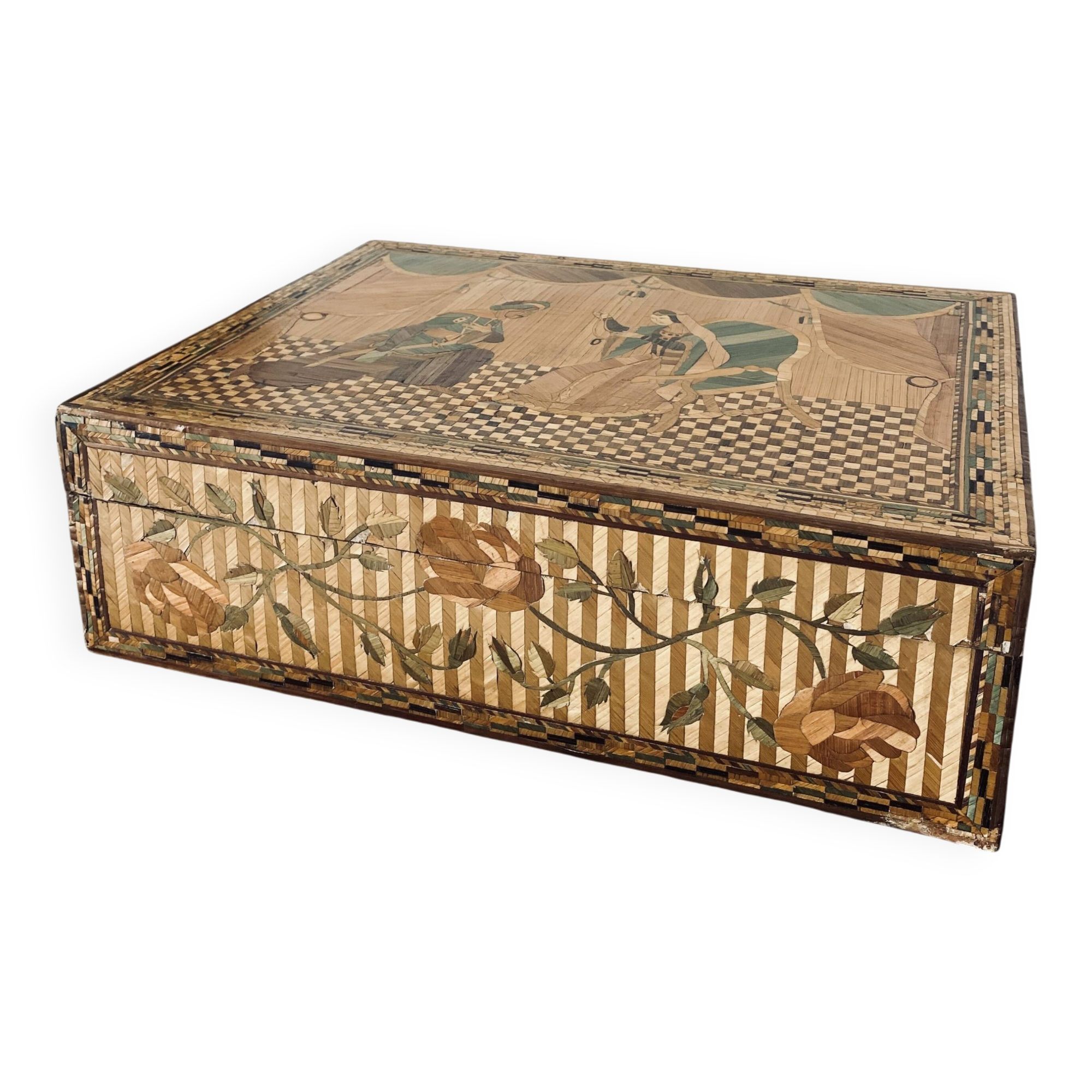Jewellery box, secrets, straw marquetry and oriental patterns.