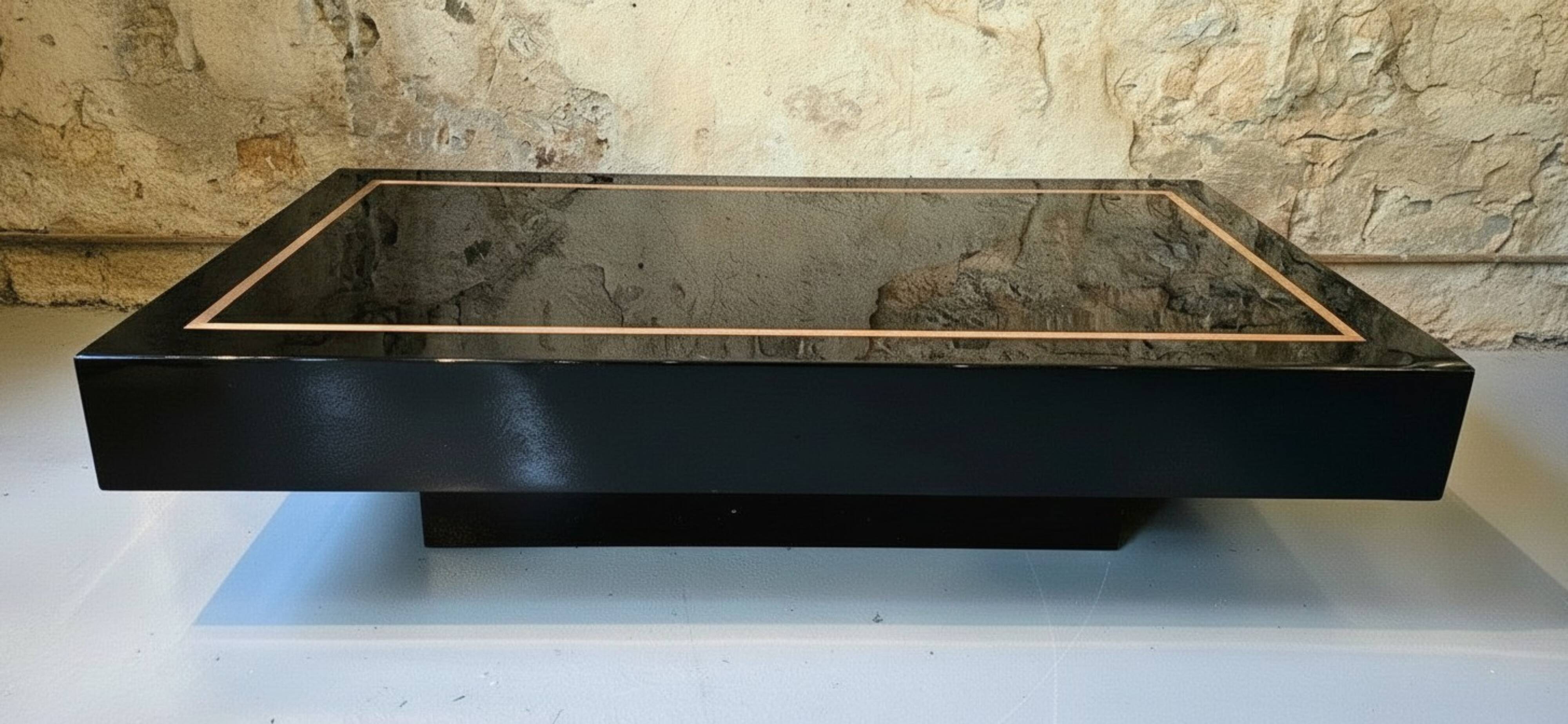 Jean-Claude Mahey, attributed to – Black lacquer and brass coffee table, Mais