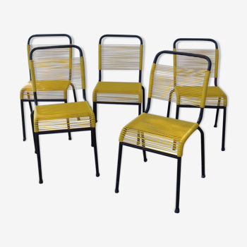 Lot of 5 vintage 1950 scoubidou chairs yellow