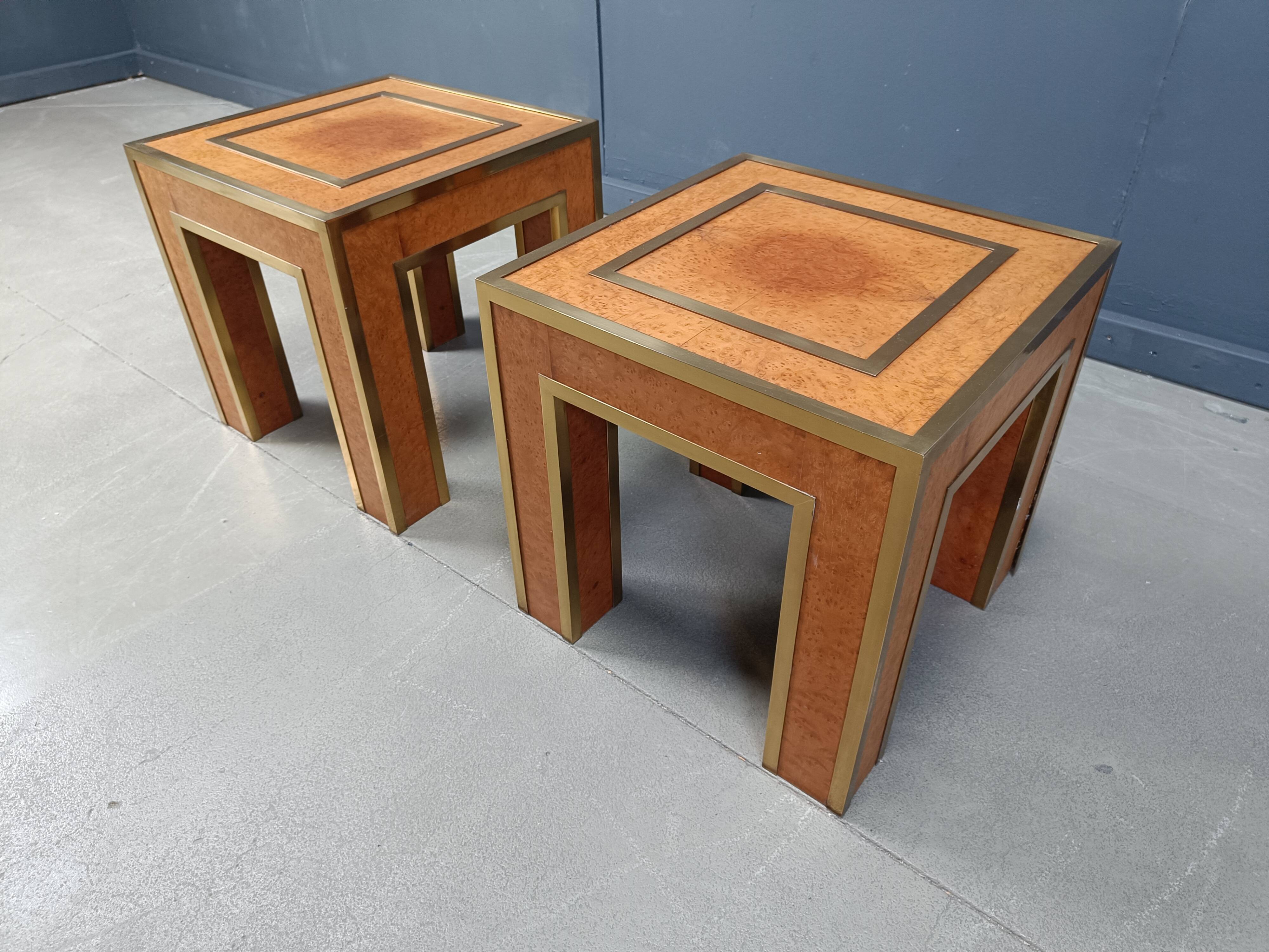 Pair of brass and burl wood side tables, 1980s