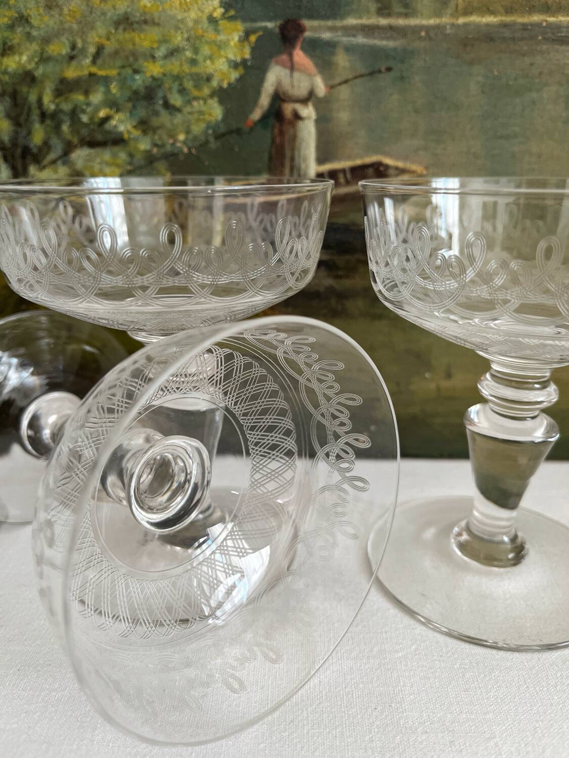 4 antique crystal champagne glasses with interlacing engraving
