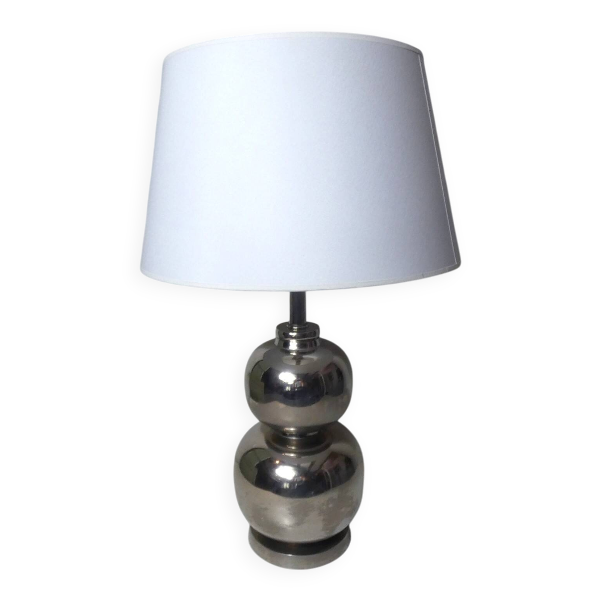 Vintage Space Age lamp with silver chrome metal ball base and DRIMMER H lampshade