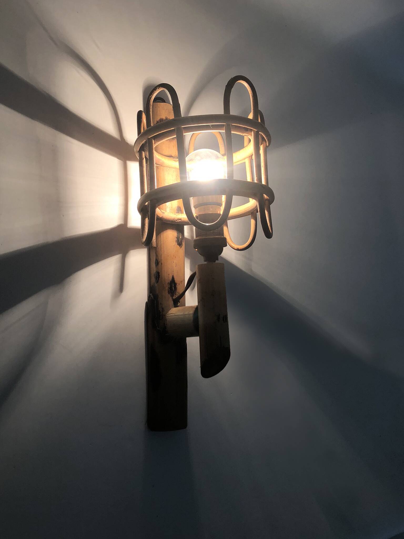 Rattan bamboo lantern wall light. 1950s-1960s