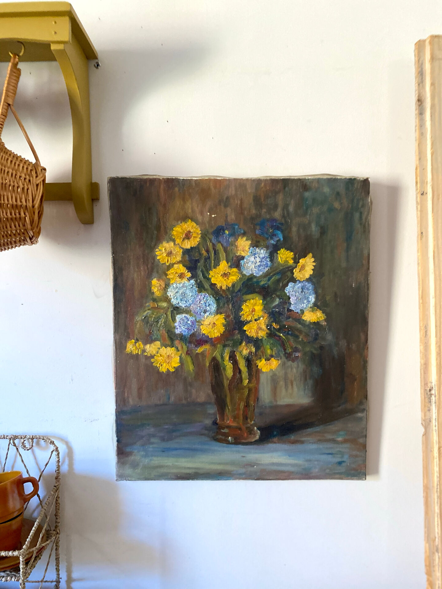 Oil on canvas, bouquet of yellow and blue flowers, mid-20th century.