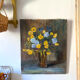 Oil on canvas, bouquet of yellow and blue flowers, mid-20th century.