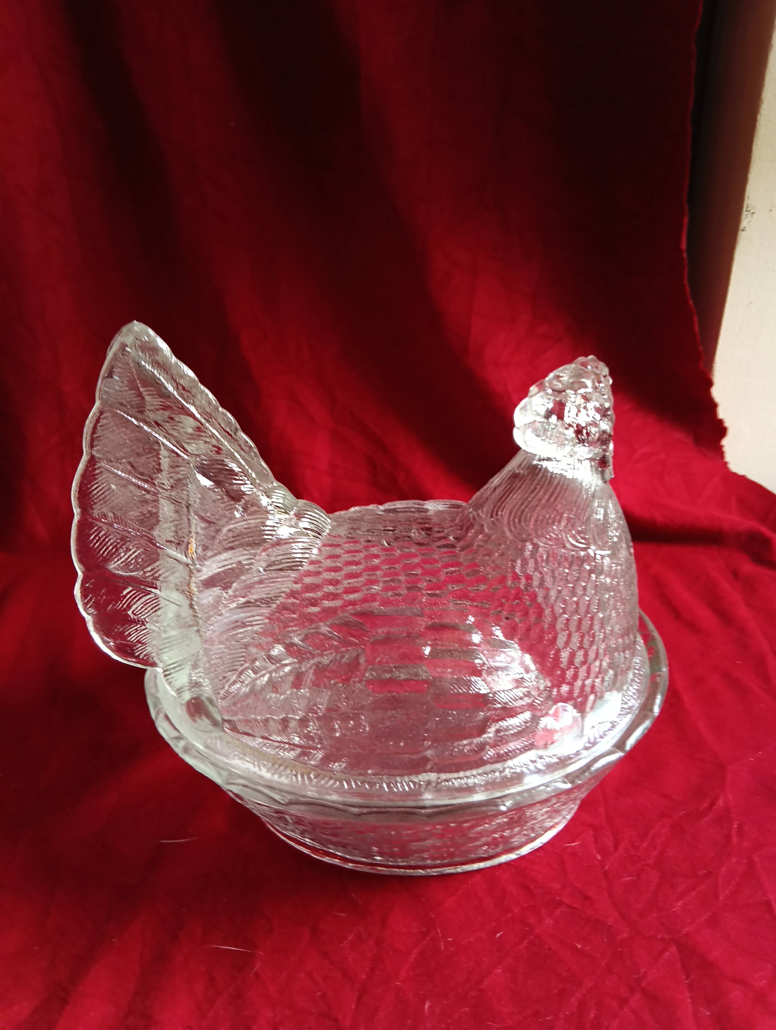 Old hen on her moulded glass nest - vintage sweet jar