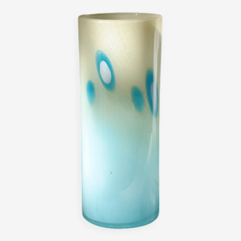 Vase tubulaire en verre soufflé bleu vintage 70's