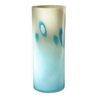 Vase tubulaire en verre soufflé bleu vintage 70's