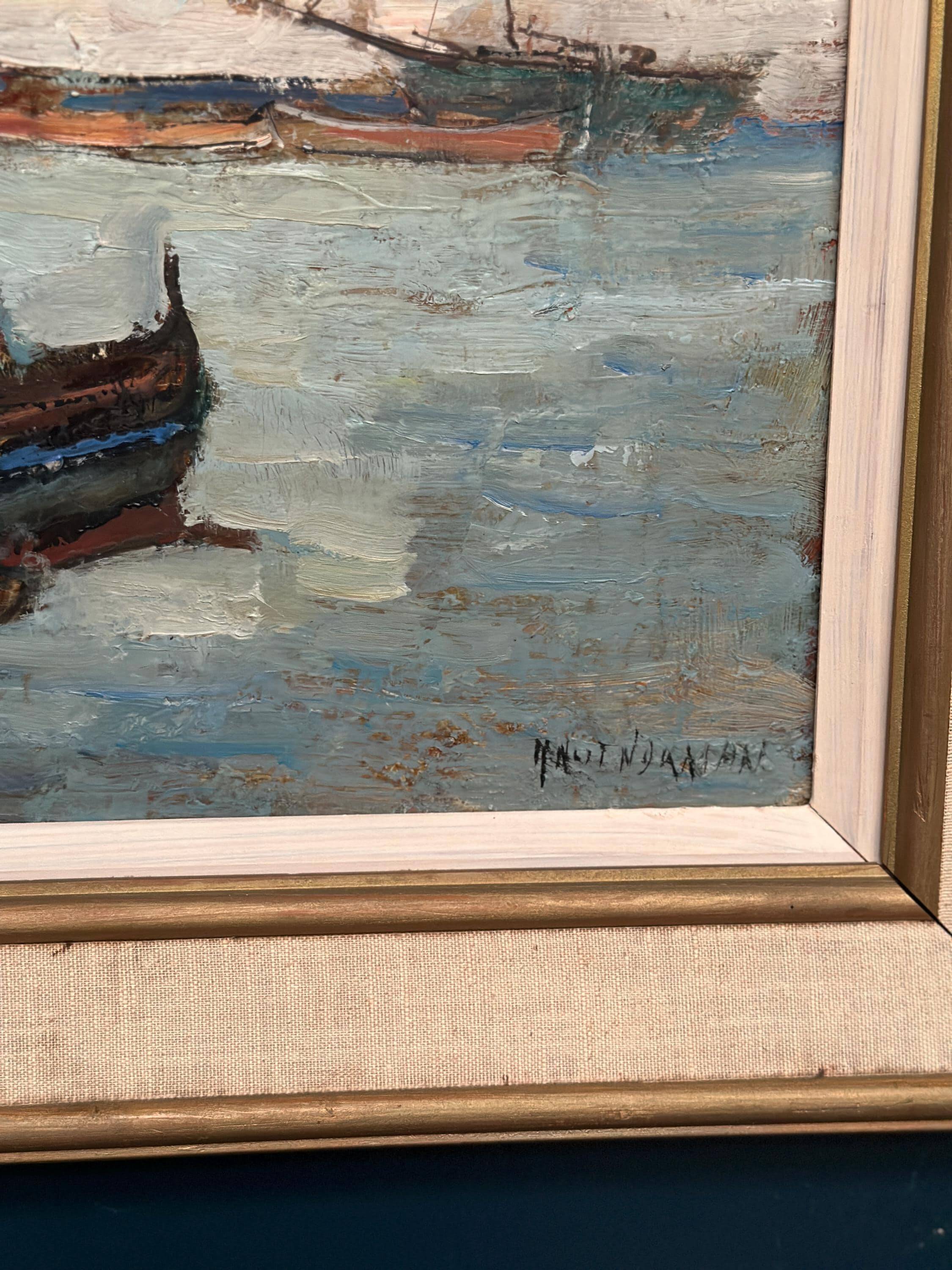 Original Swedish Oil on Panel – “Winter Harbor” by Knut Norman – Signed – Vintage & Framed