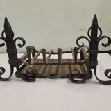 pair of chenets with iron grid and drawer