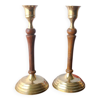 Pair of gilded brass and vintage Indian wood candlesticks