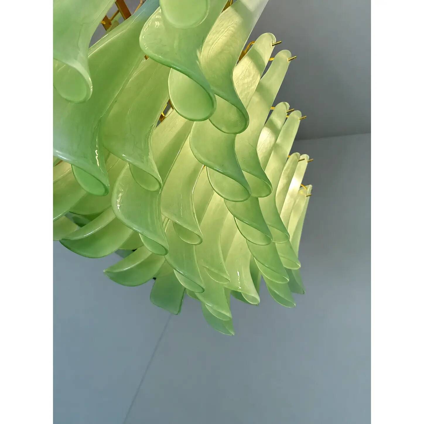 Contemporary Modern Green Frosted "Selle" Murano Glass Rectangular Chandeli