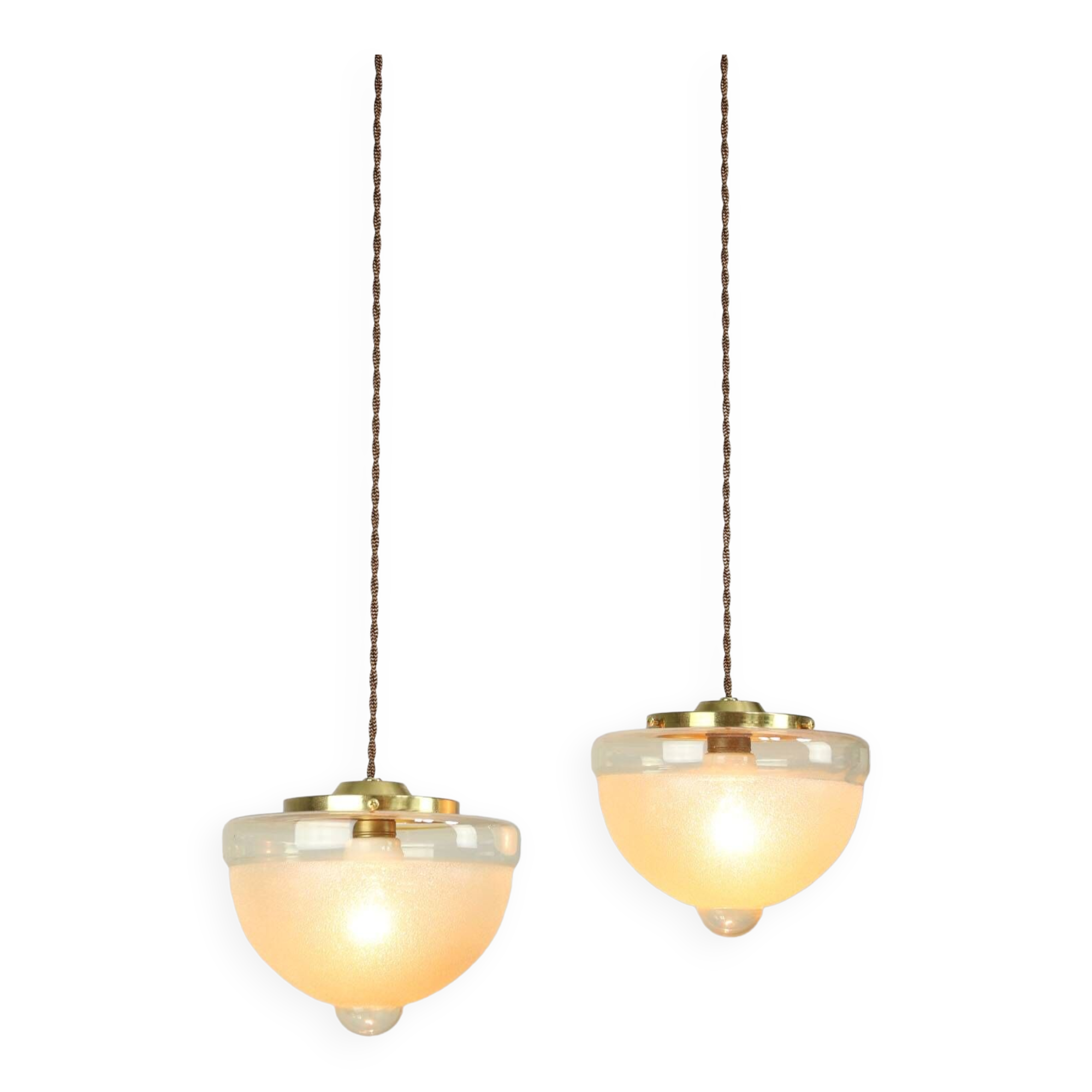 Mid-century Italian Brass and Glass Pendant Lamps, set of 2