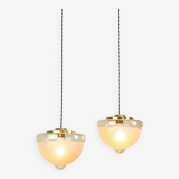 Mid-century Italian Brass and Glass Pendant Lamps, set of 2