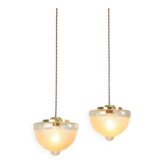 Mid-century Italian Brass and Glass Pendant Lamps, set of 2