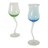 Pair of wine glasses, Curve, blue and green, 1980