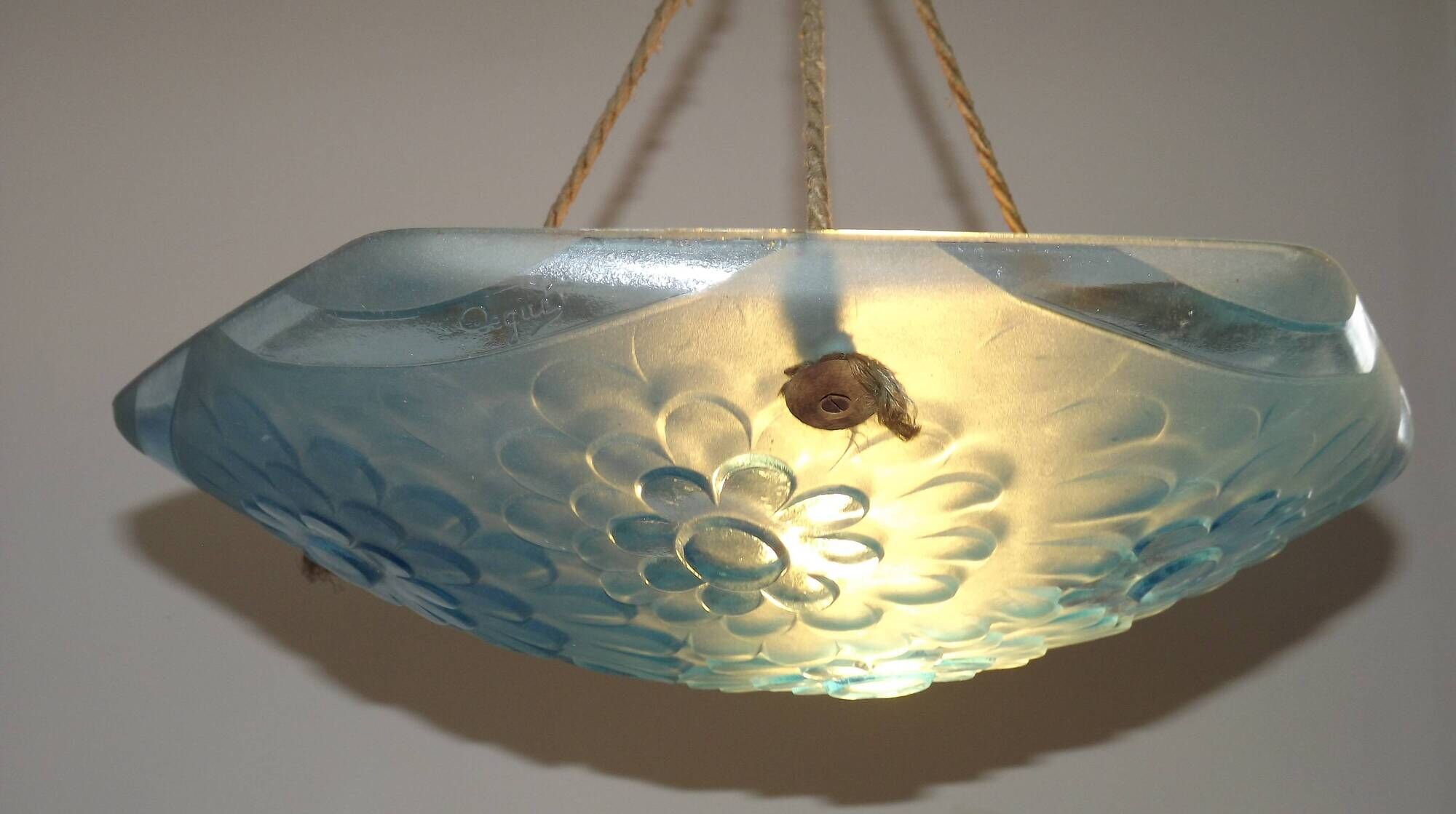 French Art Deco Degué Ice Blue Hexagonal Glass Pendant Ceiling Light