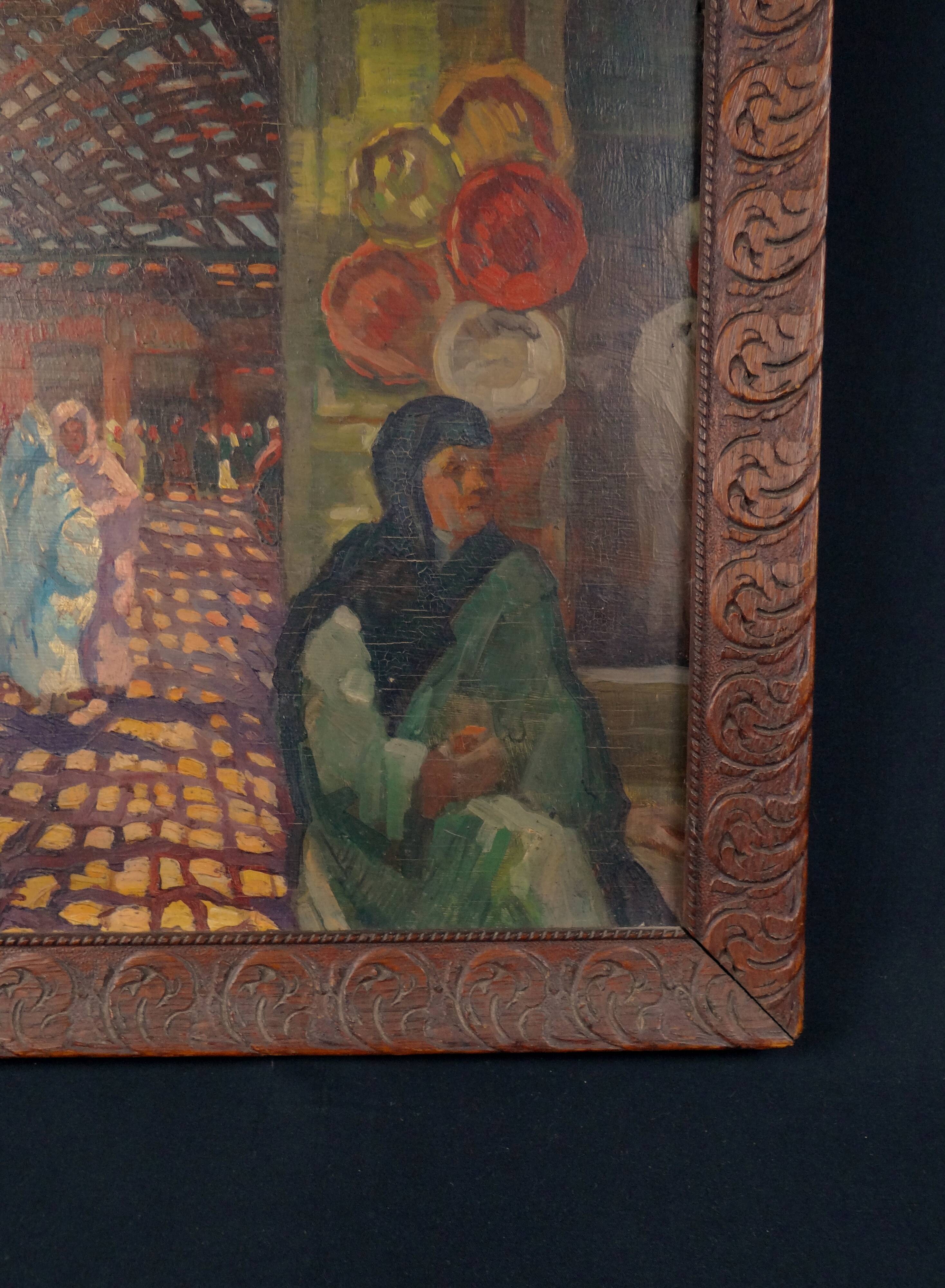 "The Souk," an Orientalist oil painting on panel, signed Émile Feher and dated 1935.