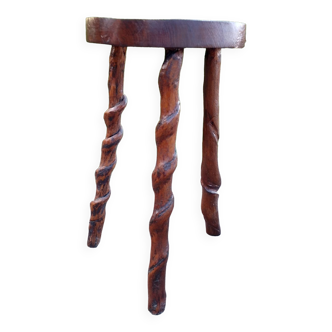 Brutalist tripod stool, solid wood with branch legs, 1970