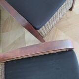 2 colonial-style armchairs in woven rattan and exotic wood