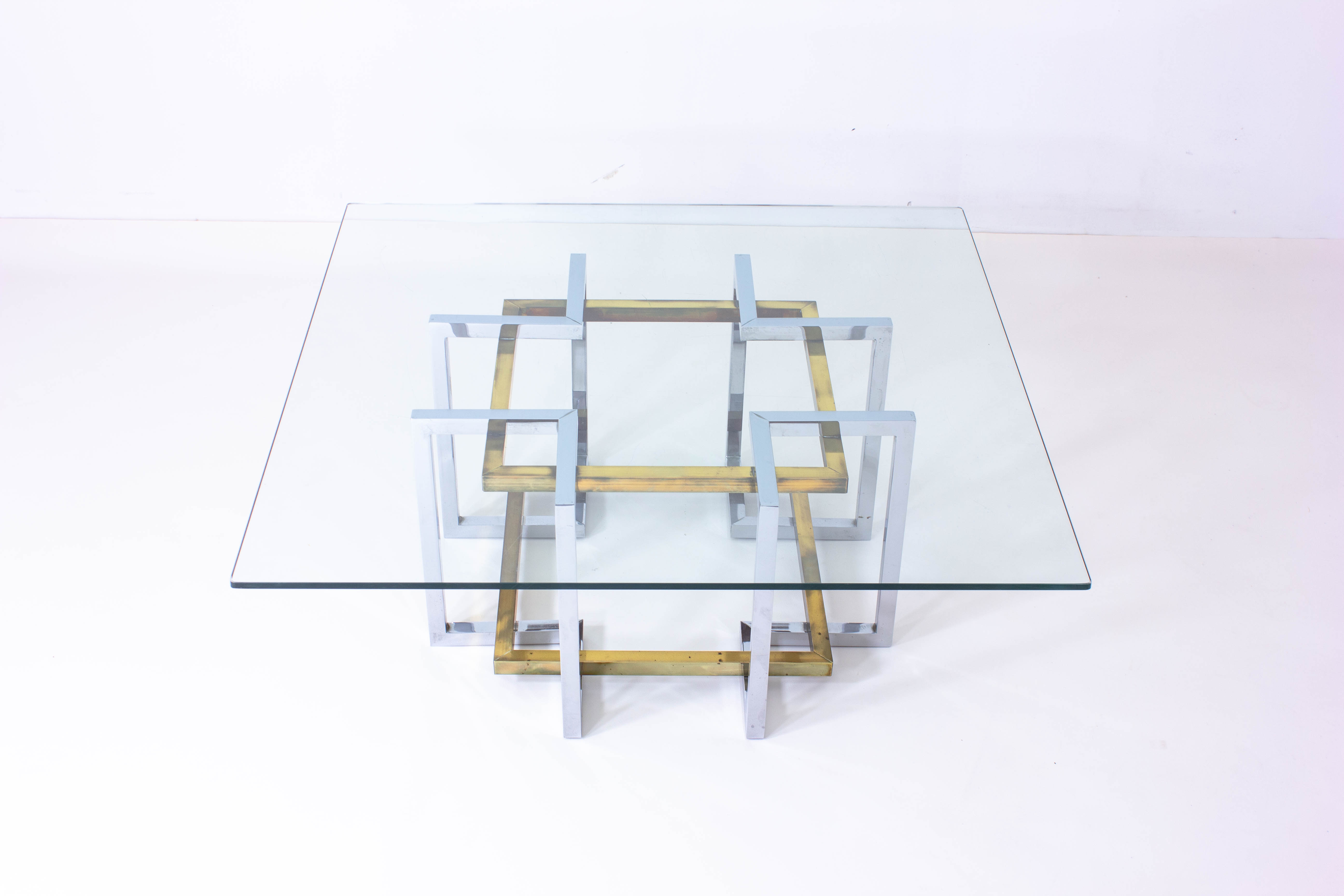 Geometrical brass & chrome coffee table, Belgium 1970s