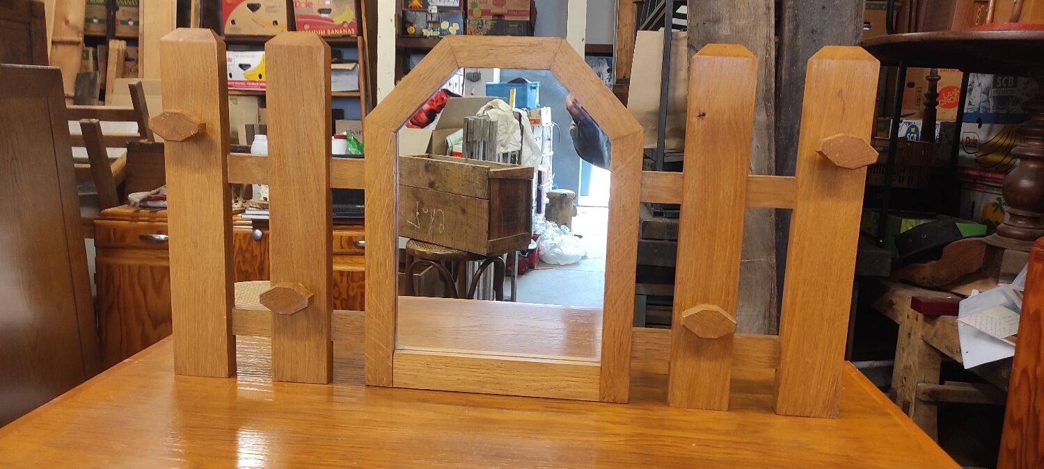 Vintage wooden coat rack with modernist design mirror 4 hooks