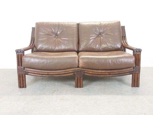 Canapé boho 2 places vintage du milieu du siècle avec coussins en cuir