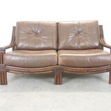 Mid century vintage boho 2-seater sofa with leather cushions