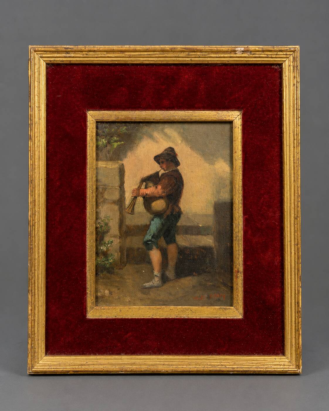 Oil on panel depicting a young bagpipe player – 19th century