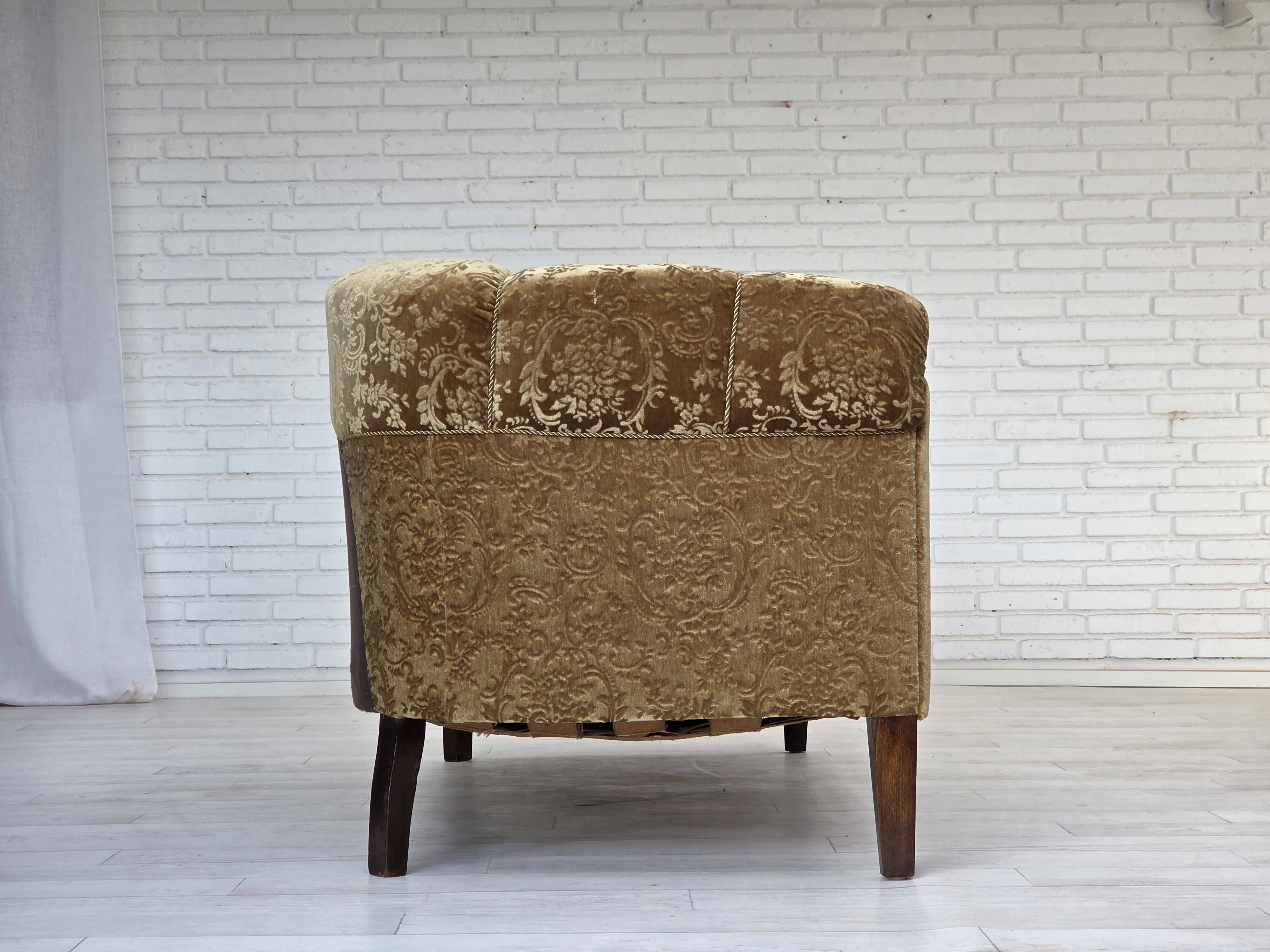 1960s, 3-seater Danish sofa, green furniture velour, ash wood legs.