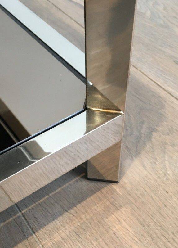 Pair of octagonal chrome side tables with tinted glass tops