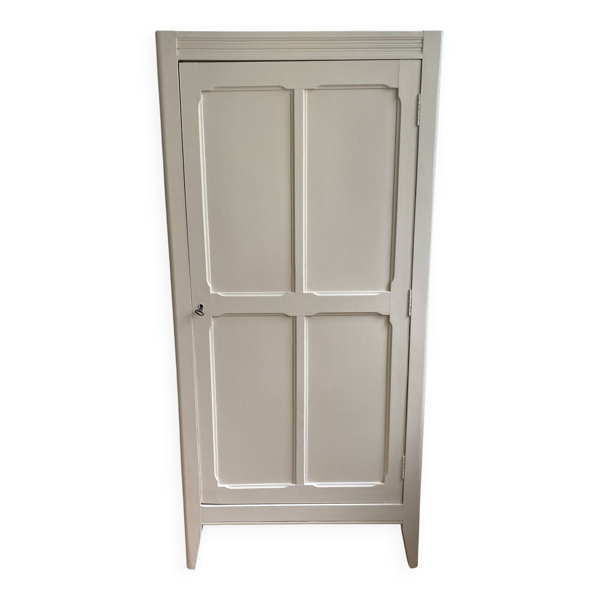 Vintage Parisian wardrobe painted in linen white, one door, three shelves