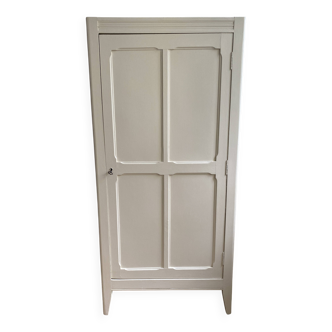 Vintage Parisian wardrobe painted in linen white, one door, three shelves