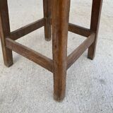 High workshop stool in dark wood and grey blue linoleum 60cm
