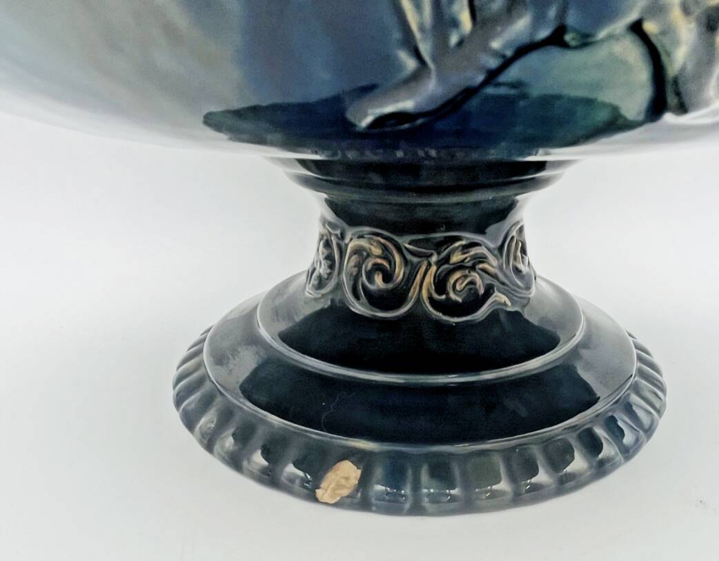 Large footed bowl in green and blue glazed ceramic