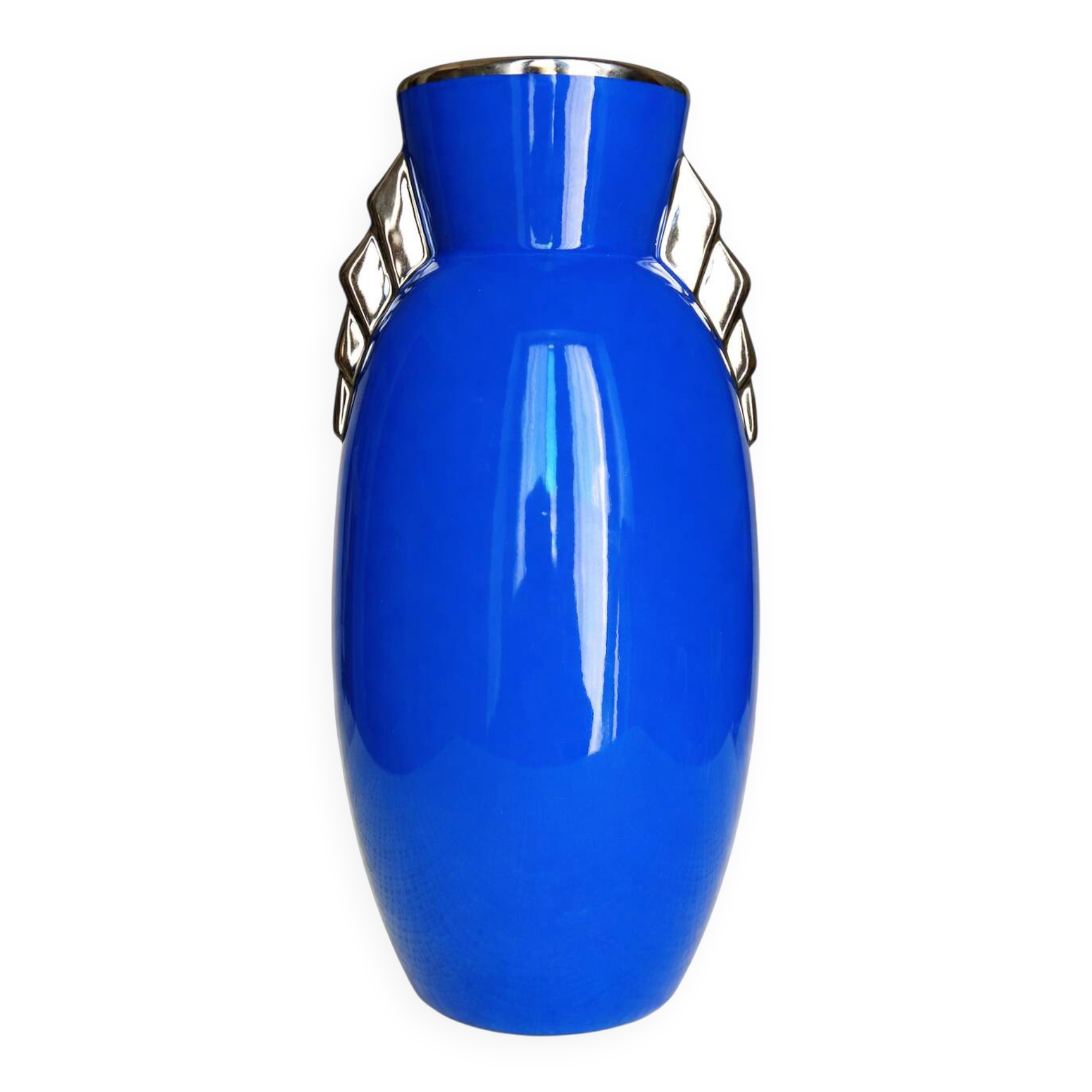 Belgian Art Deco blue vase with metallic lustre, stepped handles, 1930s
