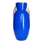 Belgian Art Deco blue vase with metallic lustre, stepped handles, 1930s