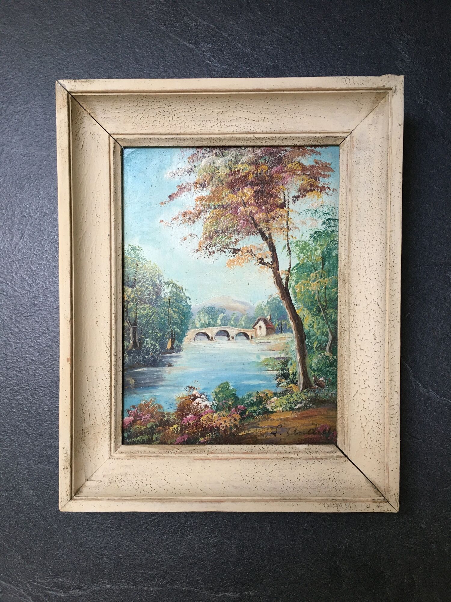 Painting Oil on Wood Bucolic Landscape Signed Louis Andrey