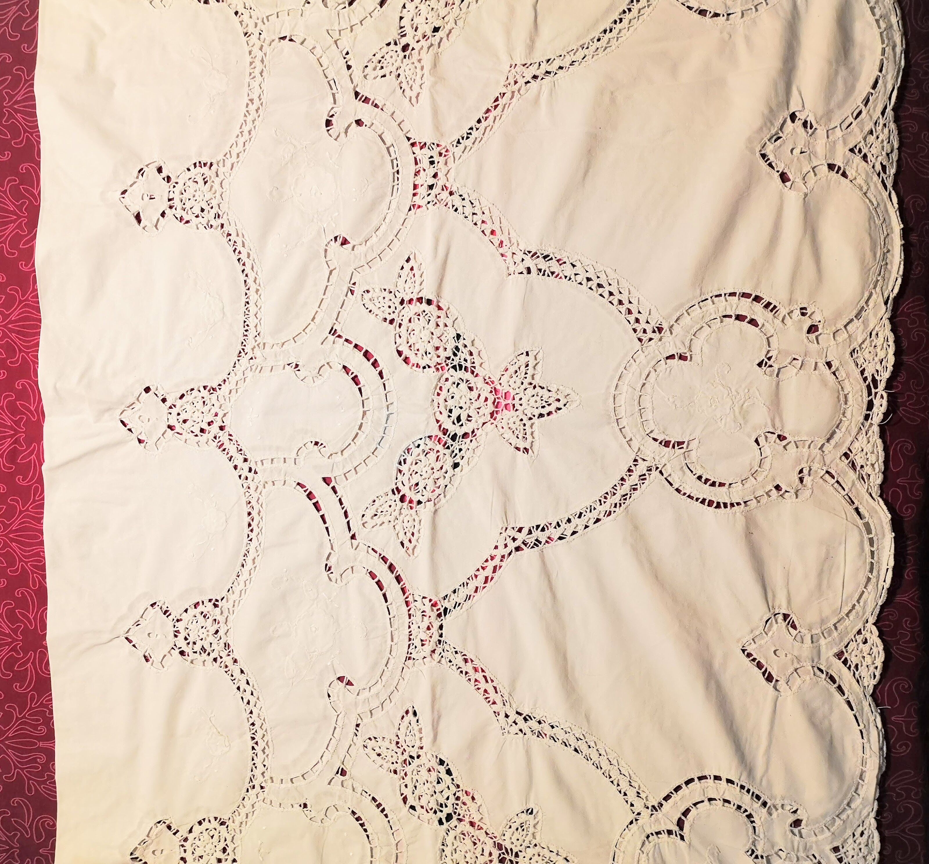 Old cotton tablecloth, lace and embroidery 160 x 240