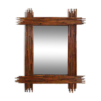 Grand miroir vintage en bambou avec miroir biseauté, France années 1960