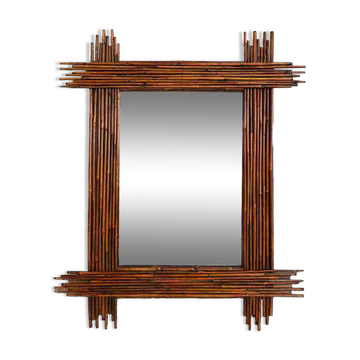 Grand miroir vintage en bambou avec miroir biseauté, France années 1960