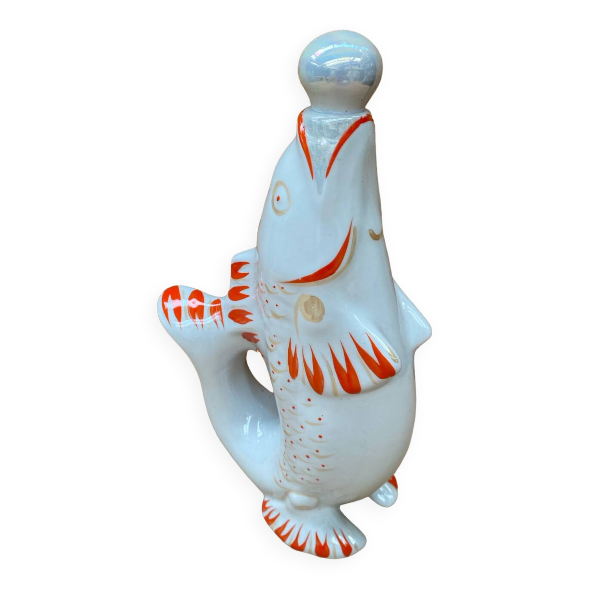 Ancienne bouteille forme poisson blanc orange vintage