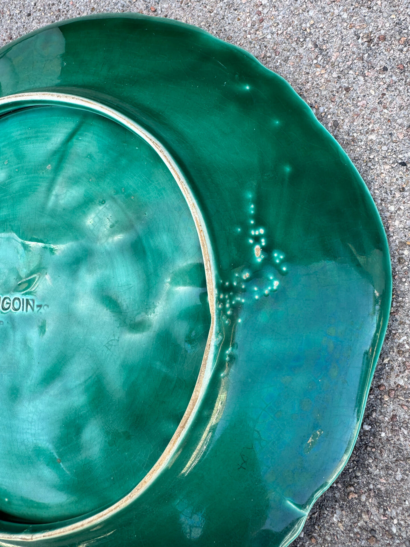 Majolica plate with vine leaves, old Digoin.
