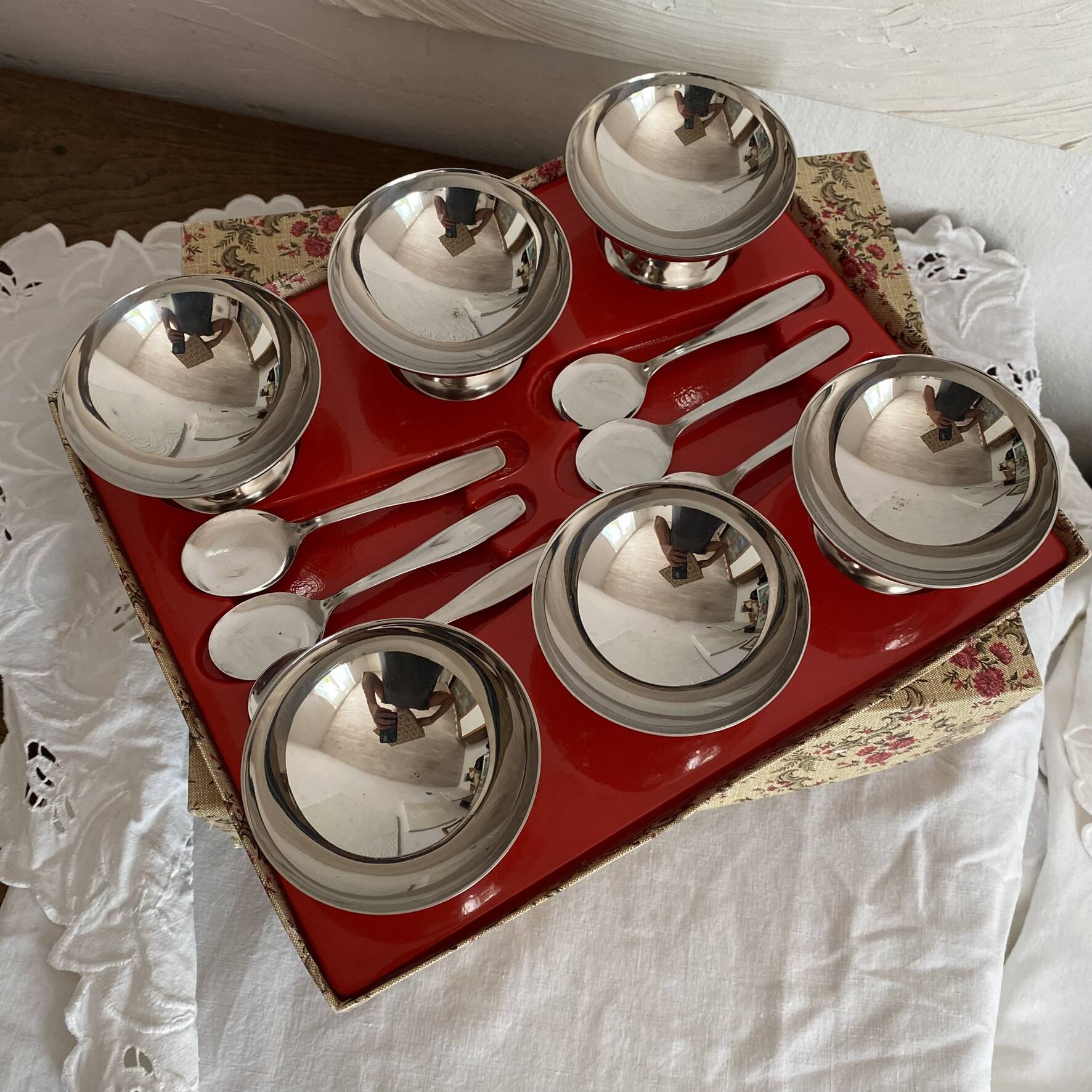 Stainless steel ice cream cups and spoons, 1960s-70s, original boxes.