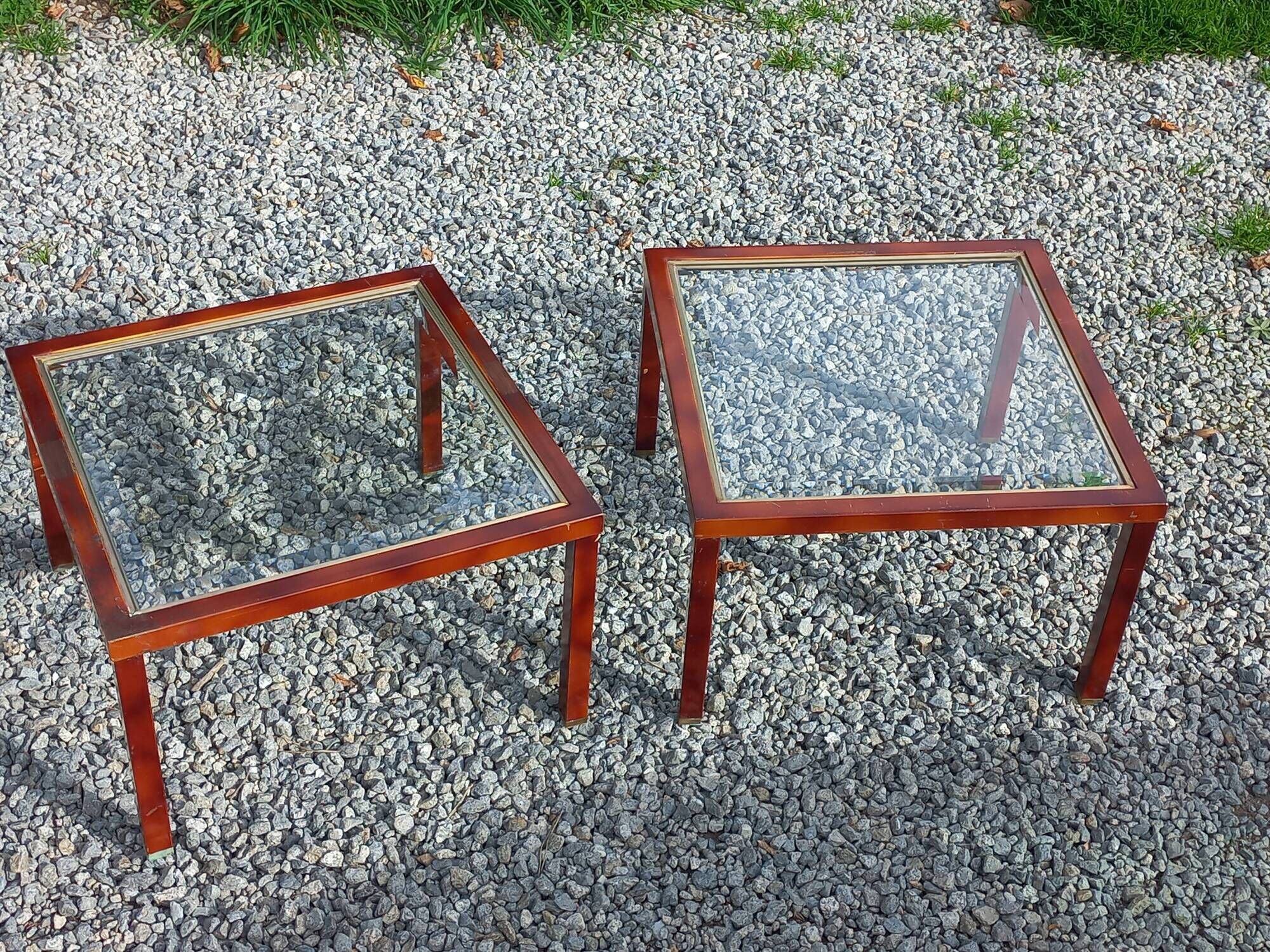 Pair of 1970s side tables in lacquered brass and glass