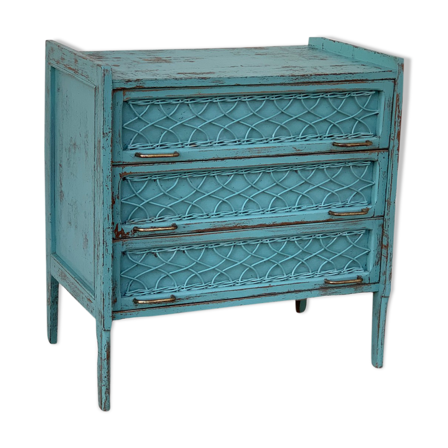Vintage chest of drawers wood and rattan patina turquoise 1950