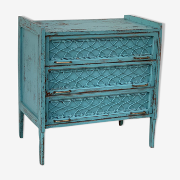 Vintage chest of drawers wood and rattan patina turquoise 1950