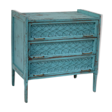 Vintage chest of drawers wood and rattan patina turquoise 1950