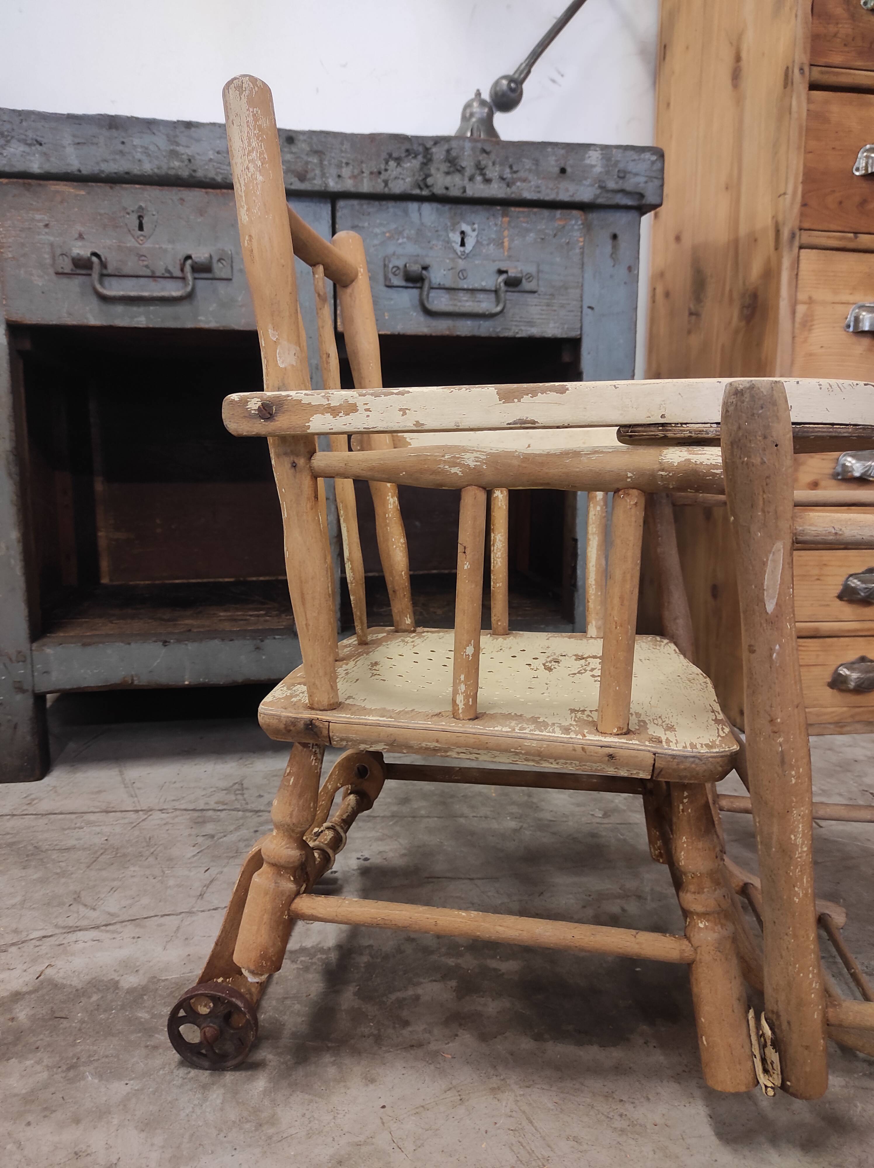 High chair retro baby old wood beech modular patinated white cream art deco dlg Baumann